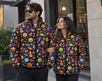 Unisex Winter Puffer Jacket with Candy, Pumpkin and Ghost Print