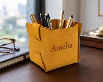 Pen holder for desk organizer, Personalized leather square pencil cup, pen pouch, minimalist desk accessories, teacher gifts for him