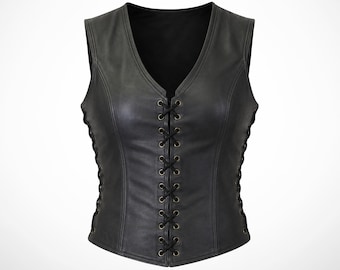 Black corset vest for womens, leather halloween costumes, lace up fitted waistcoat, sleeveless leather top, anniversary gifts for her