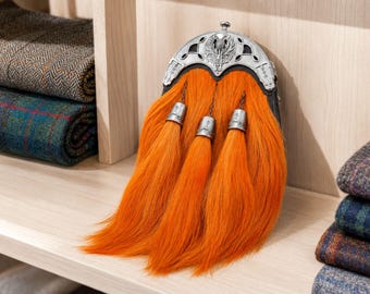 Orange horsehair handmade leather highland sporran thistle Celtic cantle traditional Scottish kilt bag with pipe band Scottish gifts