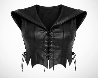 Hooded corset vest, lace up gothic cropped top, structured leather sleeveless waistcoat, womens clothing, gifts for her