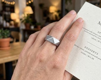 Personalized silver ring textured tri facet rings for women engraved date band statement ring gift for her wooden keepsake box