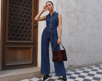 Sleeveless denim jumpsuit button closure tie waist belt flared leg jeans romper dress womens casual summer outfit birthday gifts for her