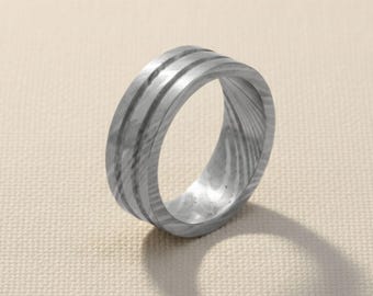 Silver engagement ring for women duo line minimalist engraved  band wedding ring personalised date ring jewellery gift wooden keepsake box