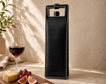 Hand Laced Black Leather Wine Bottle Tote with Contrasting Edges and Cutout Handle