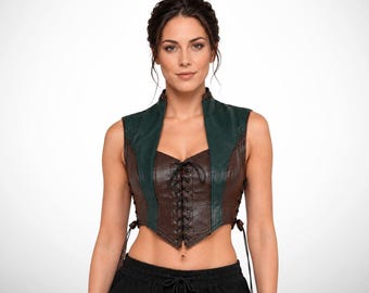 Leather corset vest for womens, lace up waistcoat, halloween costume, fitted sleeveless top, birthday gifts for her