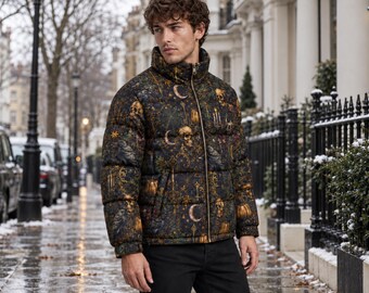 Unisex Gothic Puffer Jacket with Moon Print and Quilted Design