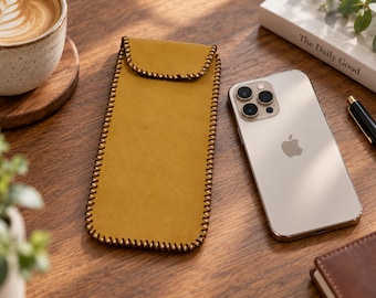 Engraved Leather Phone Pouch, Handmade Hand Stitched Sleeve