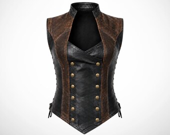 Women's brown and black leather armor vest, medieval gothic cosplay costume, renaissance warrior bodice, custom size halloween outfit top