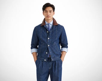 Denim jacket, Men’s tailored jean blazer with contrast collar, button front casual outerwear, anniversary gifts for him