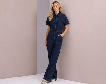 Wide leg denim jumpsuit hidden button closure short stitched sleeves romper dress womens clothing spring outfit personalized gifts for her
