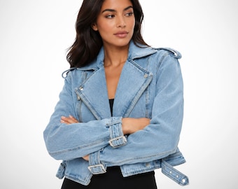 denim motorcycle jacket, Womens cropped short biker jean coat, structured casual outerwear, streetwear fashion, birthday gifts for her