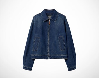 Cropped denim jacket, zip front jean jacket, casual outerwear, everyday streetwear layer, mens clothing, anniversary gifts for him
