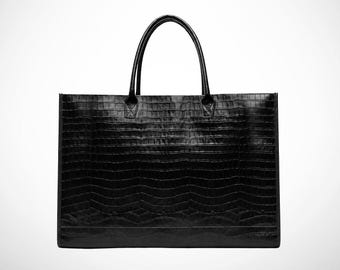 Crocodile leather bag, Personalized structured work handbag, large office purse, handmade gift for attorney gift for her