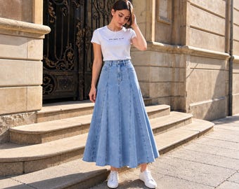 Premium midi skirt for women, A line panelled high waisted denim jean skirt with pockets, modest casual everyday streetwear gifts for her