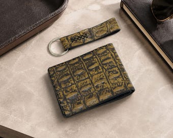 Premium leather men's wallet handmade everyday engraved golden tan crocodile 6 bifold slim card luxury wallet personalized farewell gift