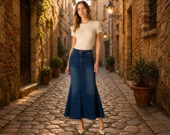 Denim long midi skirt high waist womens clothing luxury corporate gifts casual summer outfit maxi anniversary gift for her graduation gifts