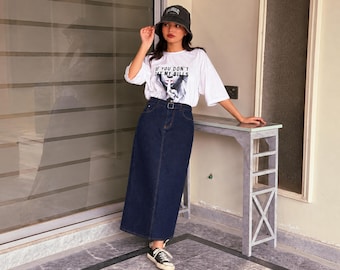 Maxi denim skirt for women, belted long jean skirt with pockets and back slit, modest casual everyday streetwear gifts for her