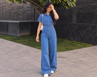Wide leg jumpsuit hidden button closure short stitched sleeves romper dress womens clothing spring outfit personalized gifts for her