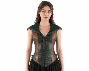 Womens leather vest, medieval gothic cosplay costume, renaissance warrior bodice, custom size brown and green halloween outfit top