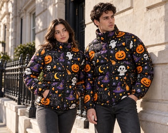 Unisex Quilted Puffer Jacket, Cat, Pumpkin and Ghost Print for Winter