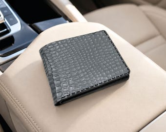 Leather men's wallet handmade custom engraved slate grey crocodile bifold slim card everyday wallet luxury appreciation corporate gifts