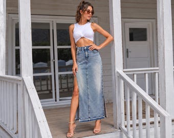 Women's high waist denim Maxi Skirt, Long Jean Skirt with Pockets and side Slit, Women’s Casual Streetwear, christmas gifts