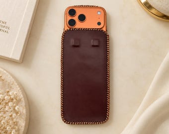 Brown Leather Phone Pouch for iPhone, Handmade and Personalized