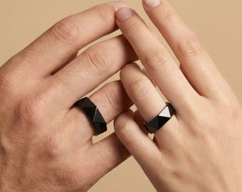 Black tri facet couple rings valentines gift for couples matching promise rings for him and her faceted statement ring set