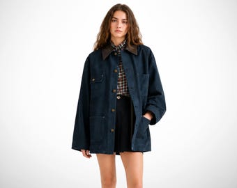 Long jean coat, womens utility denim chore jacket, button front jacket with pockets, casual oversized outerwear, anniversary gifts