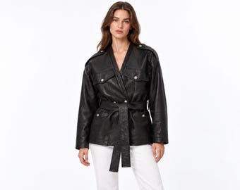 Belted Leather Jacket for Women, Leather Safari Jacket, Utility Field Coat, Military Style Outerwear, best friend gift