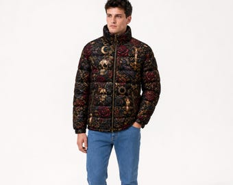 Haunted Graphic Puffer Jacket, Unisex Quilted Outerwear with Hood and Full Zip