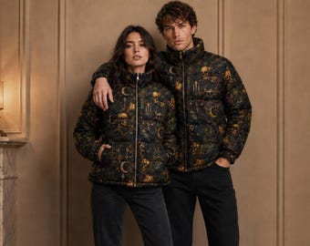 Unisex Gothic Puffer Jacket with Moon Print and Quilted Design