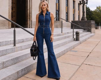 denim sleeveless jumpsuit zip closure waist belt flared leg jeans romper dress womens clothing festival outfit birthday gift for wife