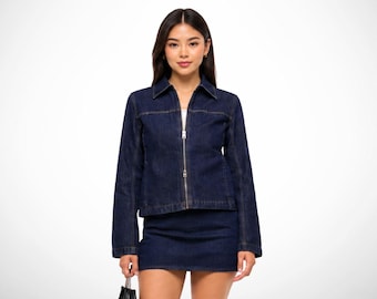 Womens denim jacket, fitted zip front jean jacket, casual jacket, structured everyday outerwear,  birthday gifts