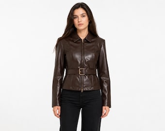 Leather Jacket for womens, belted jacket, fitted zip up outerwear, winter jacket, best gift