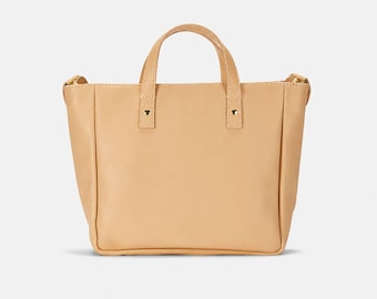 Personalized leather tote bag, structured women's work handbag, detachable shoulder strap, zip top purse, custom monogram gift for her