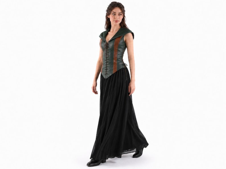 May include: A sleeveless bodice featuring a dark green and brown color scheme with a front lace-up closure and a pointed hemline, paired with a long, flowing black skirt that reaches the floor, creating a layered ensemble with a structured top.
