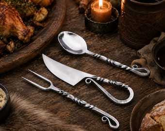 Custom Viking cutlery set elegant adjustable hand forged stainless steel knife fork spoon medieval utensils with pouch cosplay dinner