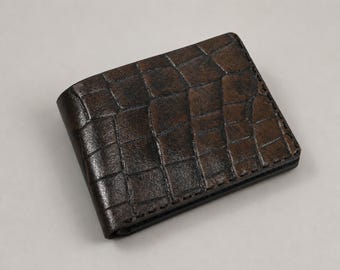 Distressed leather men's wallet custom handmade engraved rich brown crocodile bifold slim card exotic wallet personalized gifts for grandpa