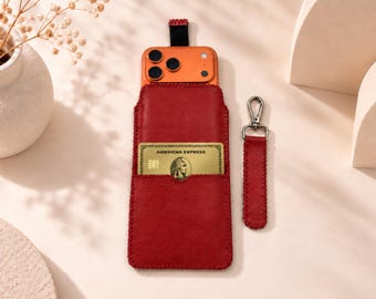 Leather Phone Pouch for iPhone, Handmade with Card Pocket and Keychain