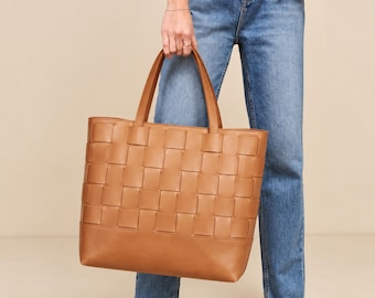 Handmade tote bag, Personalized woven leather work bag, large shoulder carryall, handmade birthday gift for her, Elegant Work Tote