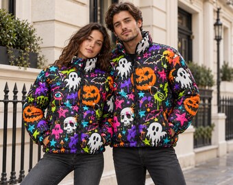 Colorful Ghost Print Puffer Jacket, Unisex Spooky Fall Streetwear