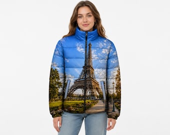 Unisex Eiffel Tower Puffer Jacket, Quilted and Insulated with Full Zip