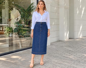 High waisted skirt for women, straight jean skirt with pockets and back slit, modest casual everyday womens clothing