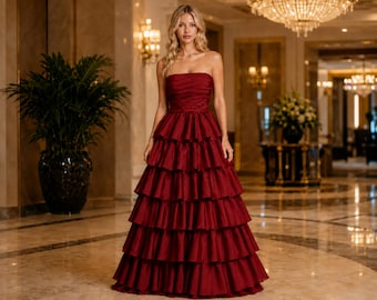 Backless prom dress strapless tiered ruffle square neck maxi dress formal evening party gown dresses for women personalized wedding gifts