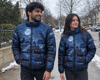 Forest Print Puffer Jacket, Unisex Gothic Fall Streetwear