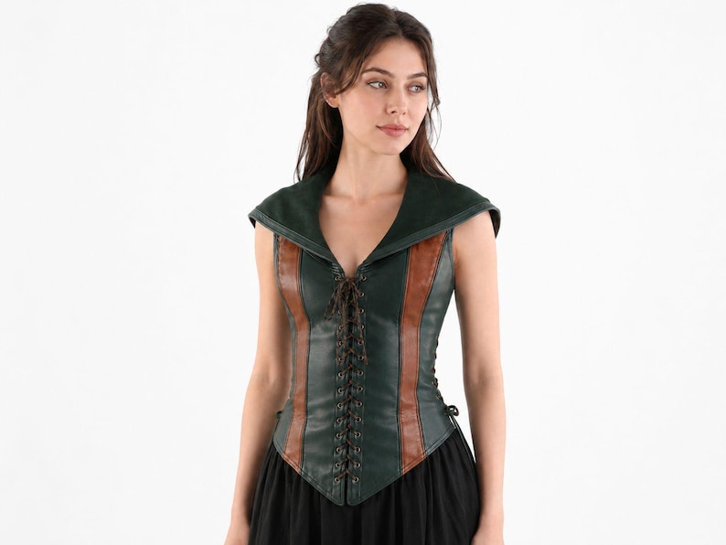 May include: A sleeveless bodice featuring a dark green and brown color scheme with a wide collar. The front includes a central lace-up closure with dark brown cord, vertical brown panels, and a pointed hemline that extends over the waist area.