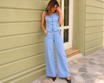 Personalized denim dress western y2k  inspired button down vest sleeveless jean top relaxed palazzo style jeans everyday outfit gift for her