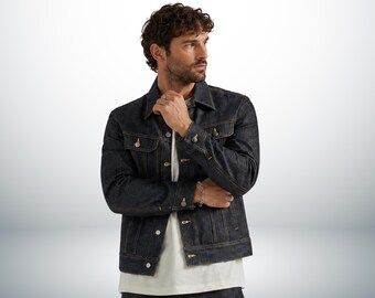 Denim trucker jacket, mens button front jean coat, two chest pocket casual workwear jacket, everyday outerwear, gifts for him